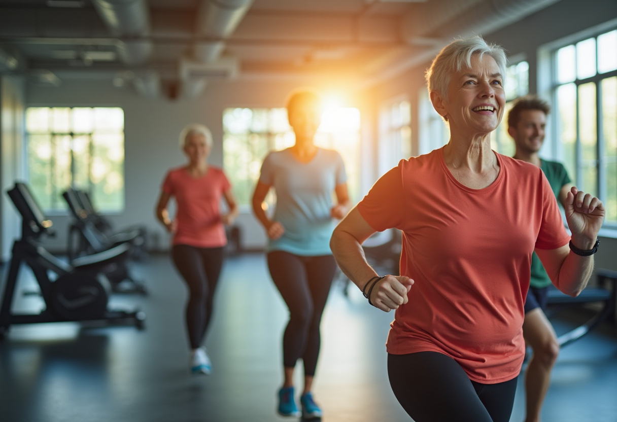 Група активних людей зрілого віку займається фітнесом у сучасному залі sholperyn